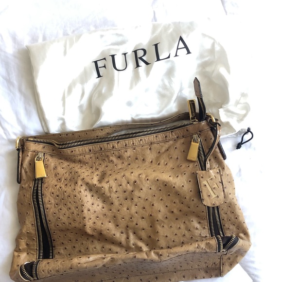 Furla Ostrich-Embossed Leather Satchel Bag - Picture 6 of 6